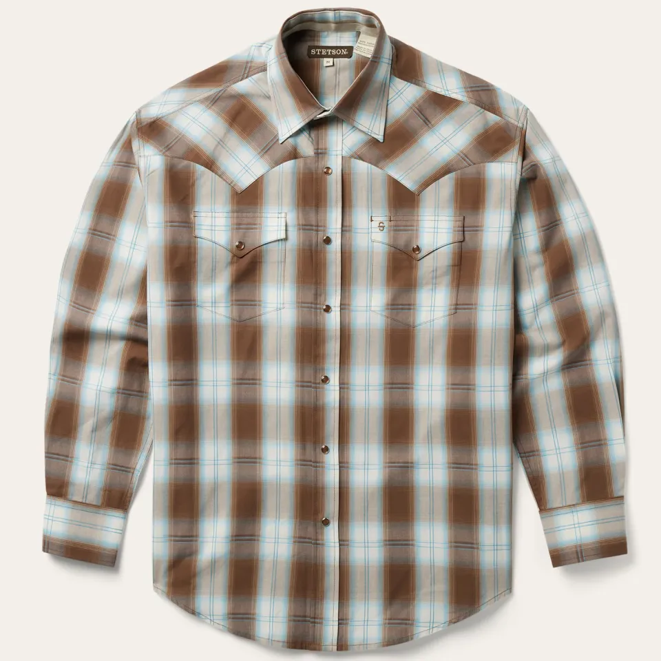 Online Stetson Sand Ombre Plaid Western Shirt Brown