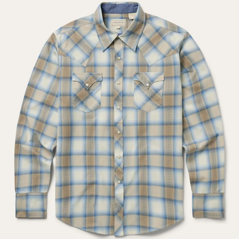 Online Stetson Sand Plaid Dobby Western Shirt Brown