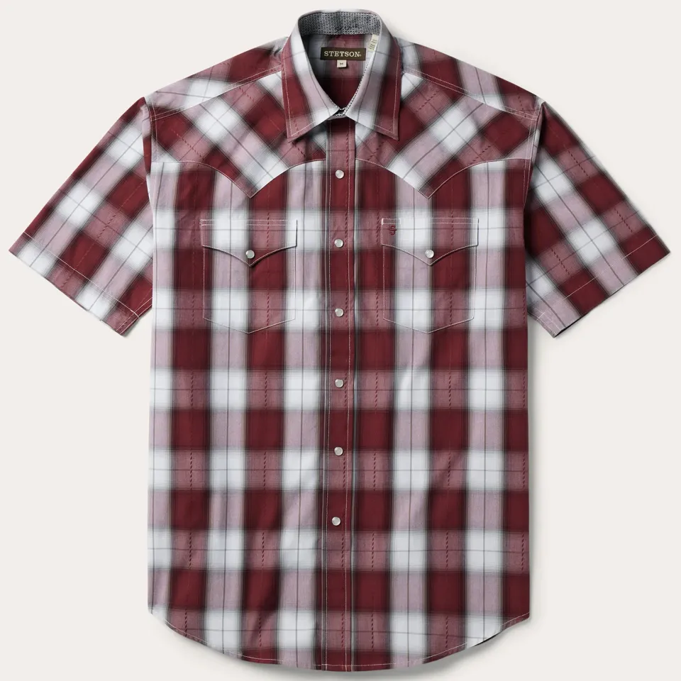 Stetson Shadow Plaid Short Sleeve Western Shirt Wine