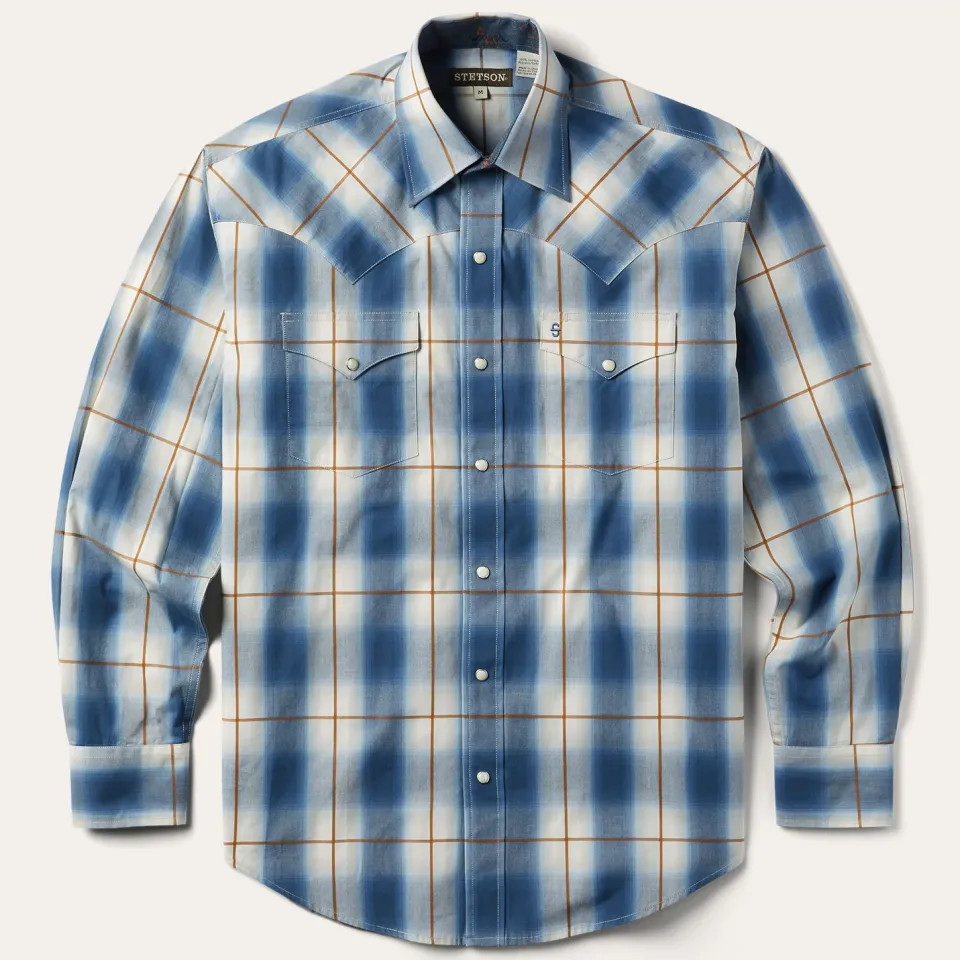 Sale Stetson Steel Ombre Plaid Western Shirt Blue