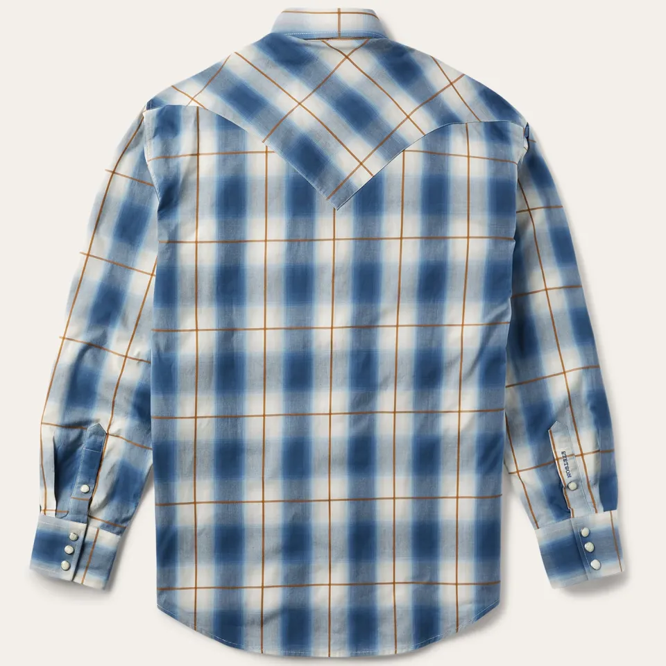Sale Stetson Steel Ombre Plaid Western Shirt Blue