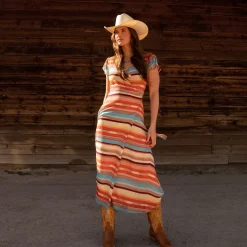 New Stetson Sunset Serape Print Rayon Herringbone Wrap Front Dress Multi