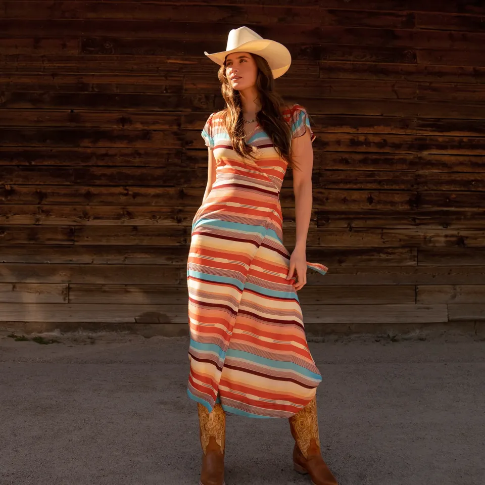 New Stetson Sunset Serape Print Rayon Herringbone Wrap Front Dress Multi