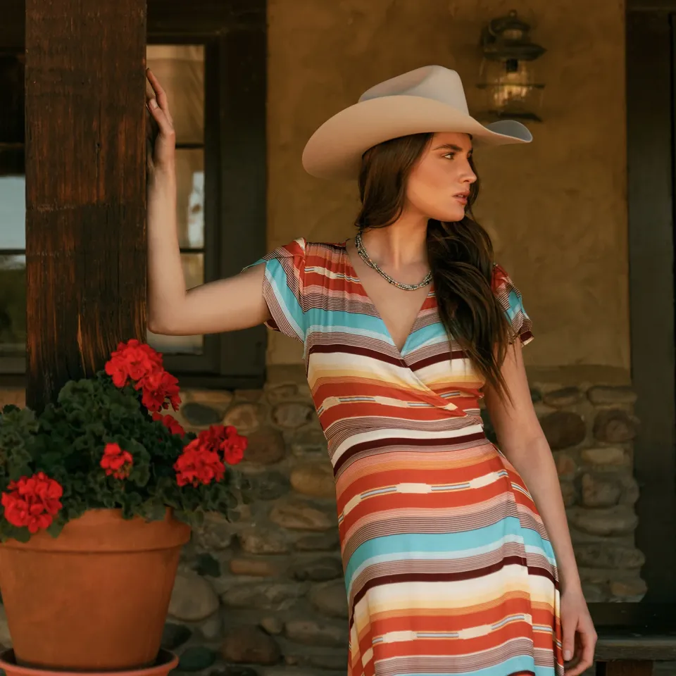 New Stetson Sunset Serape Print Rayon Herringbone Wrap Front Dress Multi