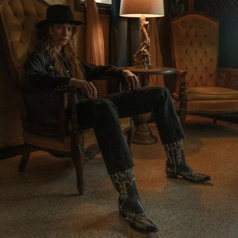 Discount Stetson Tina White Flame Embroidered Cowboy Boot Black