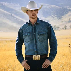 New Stetson Turquoise Snap Western Denim Shirt Blue