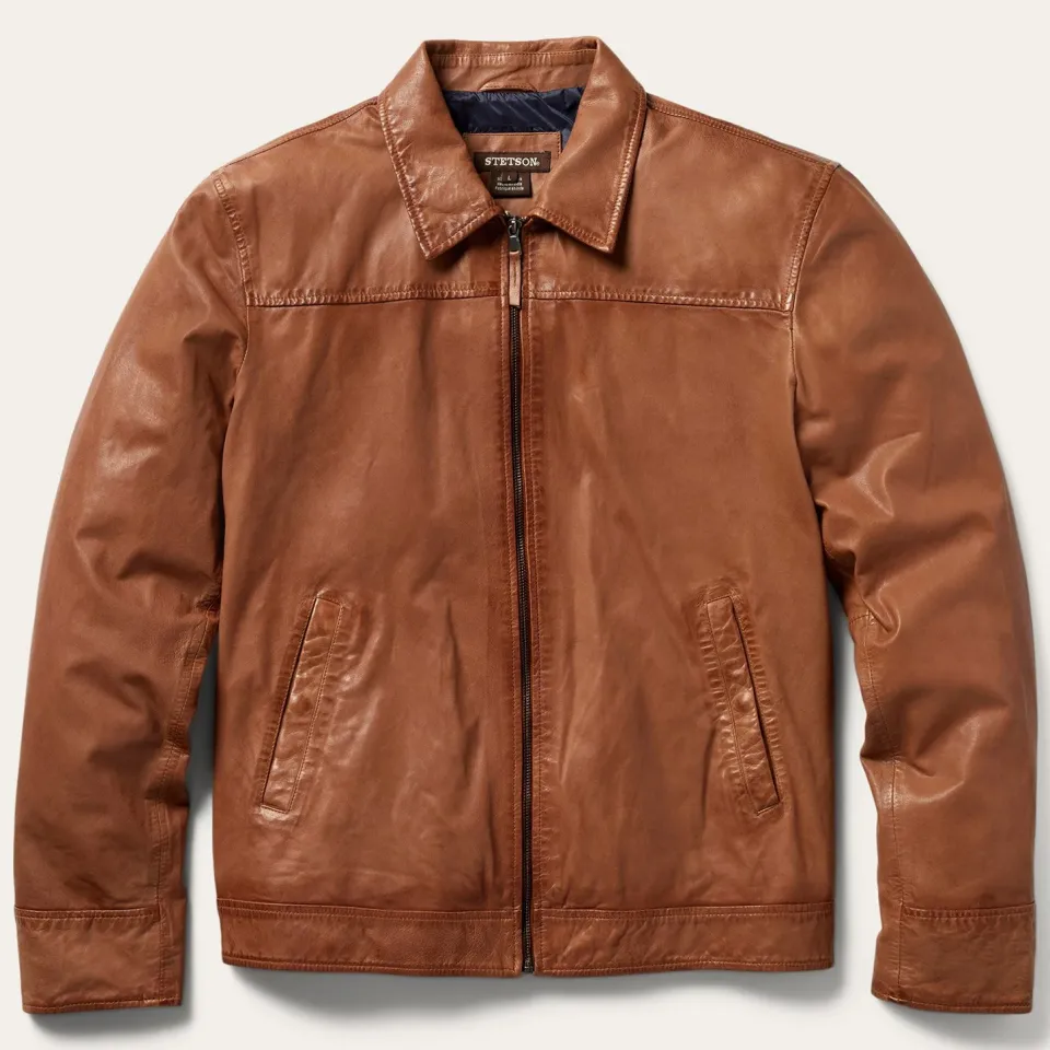 Discount Stetson Zip-Front Lightweight Leather Jacket Brown